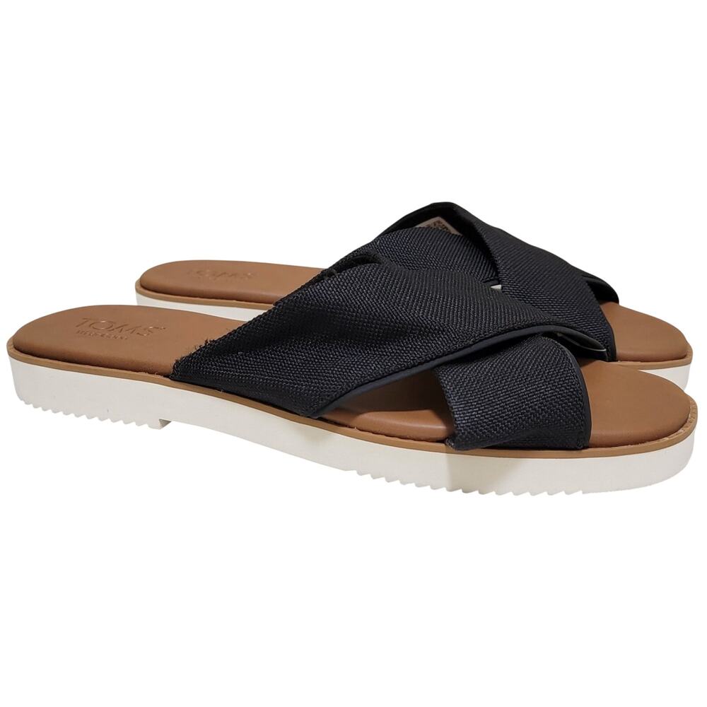 TOMS Women Mae Crossover Flat Slide Sandals Size US 11 Black Heavy Canvas